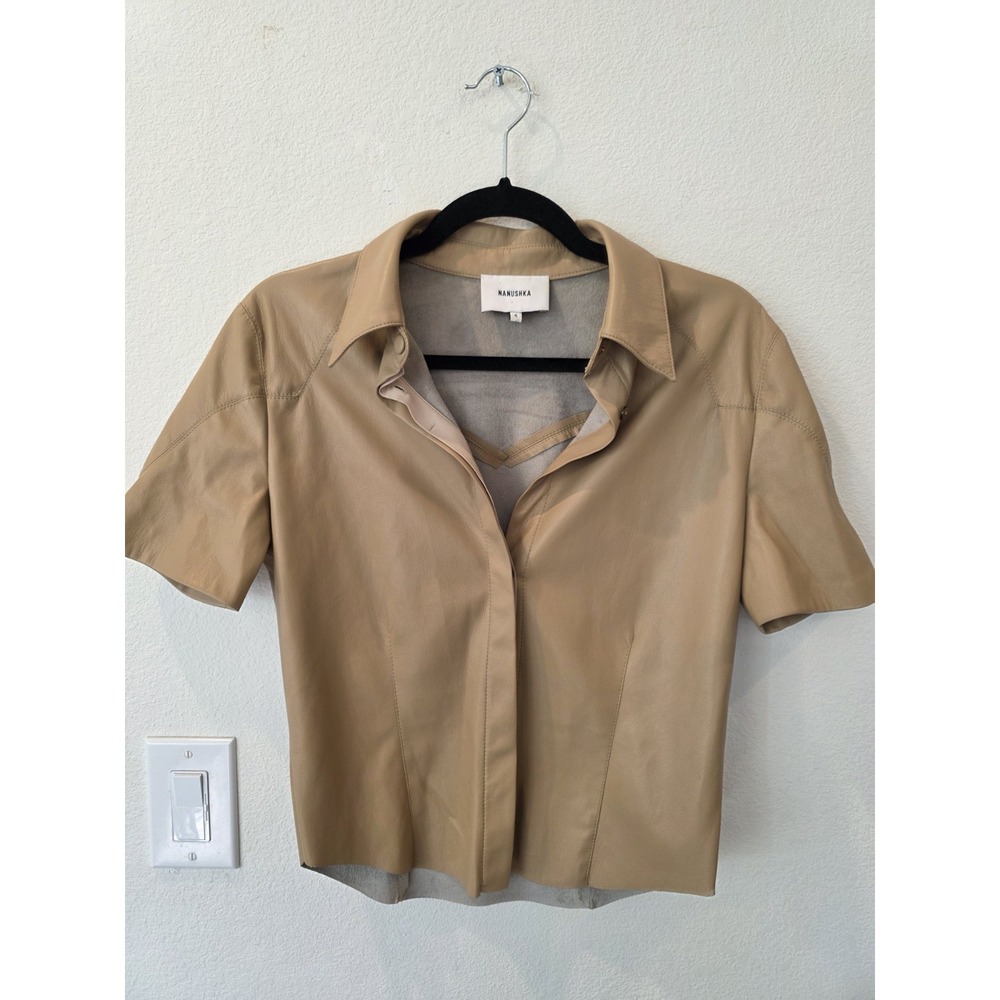Nanushka Clare Soft Faux Leather Okobor Slim Fit Shirt In Oak Tan Sz S Euro Edgy
